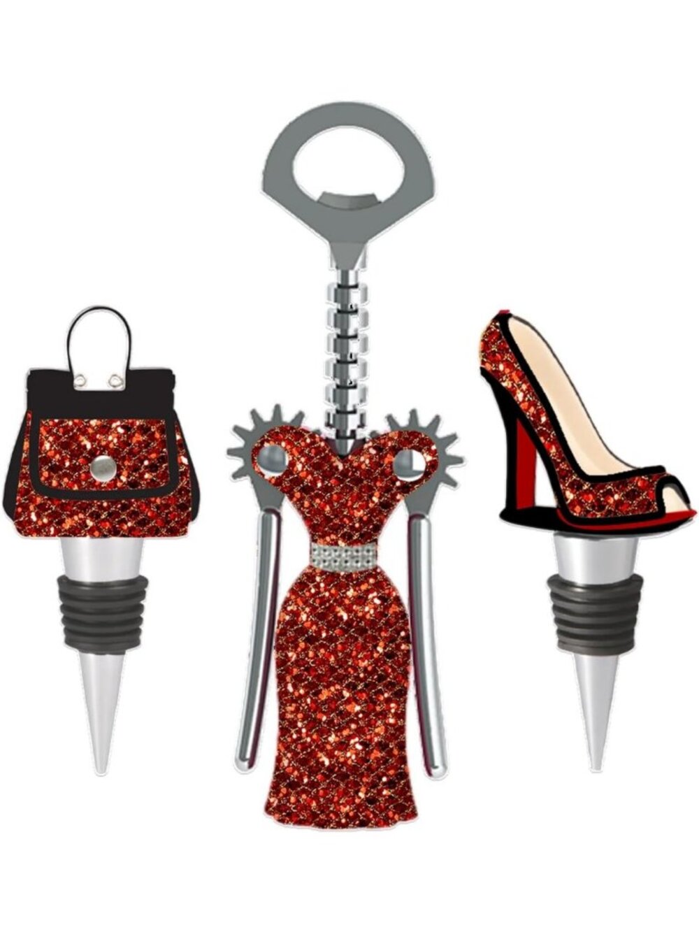 Chic 3-Piece Wine Stopper Set: Winged Corkscrew, High Heel & Purse - Red & Gold